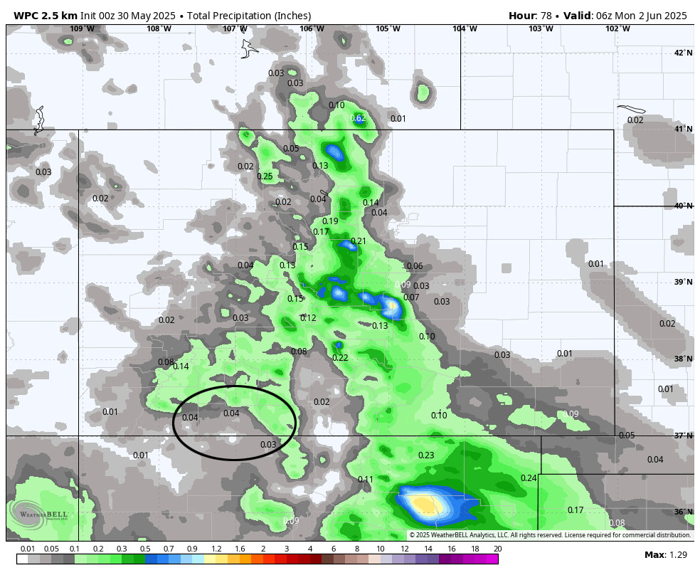 Moisture from Alvin will soak us Monday… 4 WPC precip to late Sunday evening shows 0.04” near Pagosa and up to 0.25” in our mountains. This is all convective showery precip so amounts will vary considerably.