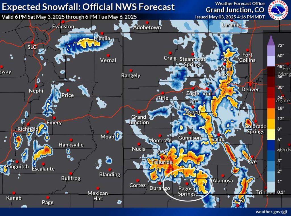 A decent soaking Sunday afternoon through Monday afternoon… 4 The “official” NWS snow forecast to 6pm Tuesday shows none for Pagosa, 6-10”near Wolf Creek Pass, and 12-18” in our mountains above 11,000ft.