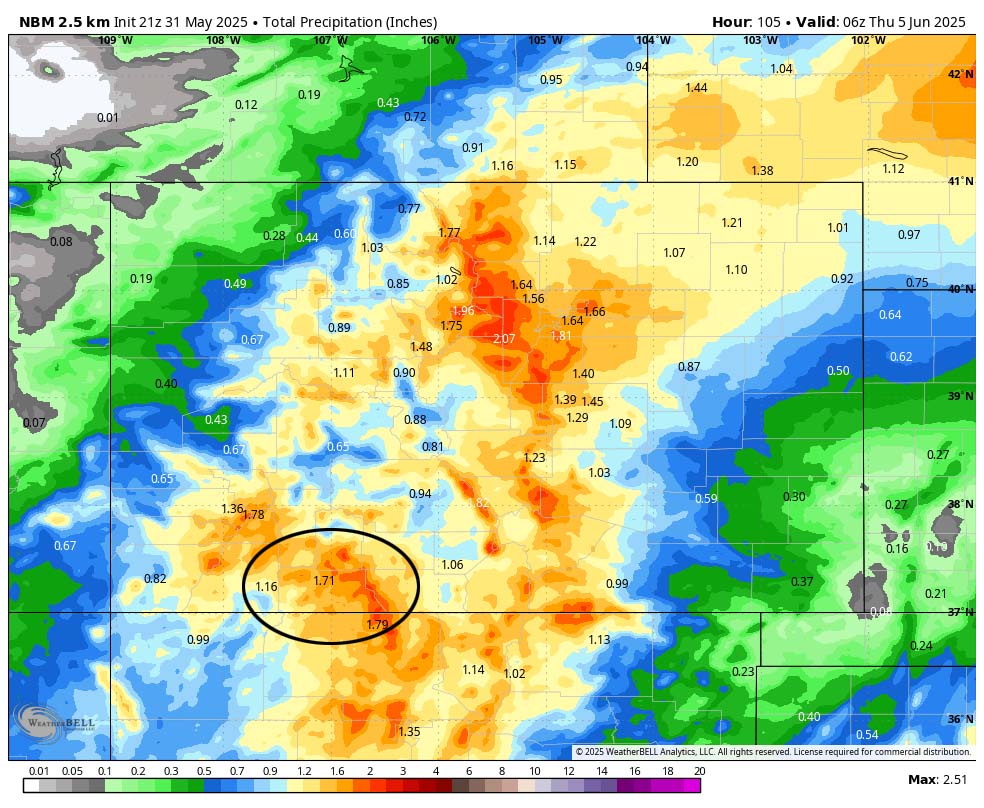 Monday, Tuesday, and Wednesday will be soakers… 4 NBM precip to late Wednesday evening shows 1.71” near Pagosa and up to 2” in our mountains.