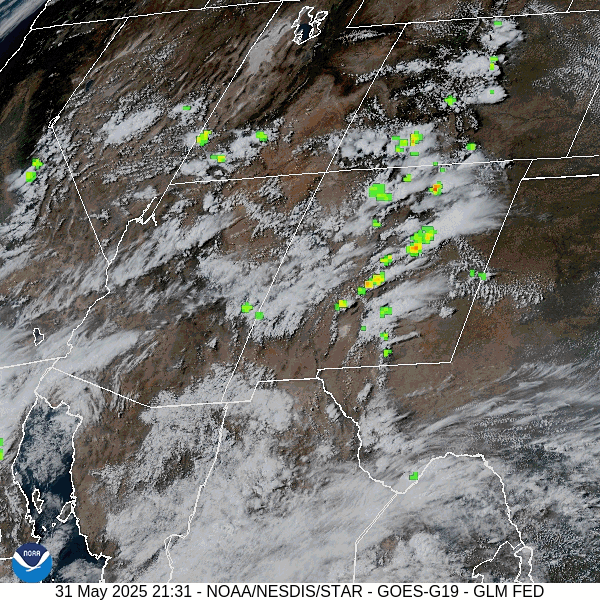 Monday, Tuesday, and Wednesday will be soakers… 2 Satellite and lightning loop from 3:31pm to 4:31pm Saturday afternoon – Showers and few thunderstorms have developed in the area and will decrease this evening.