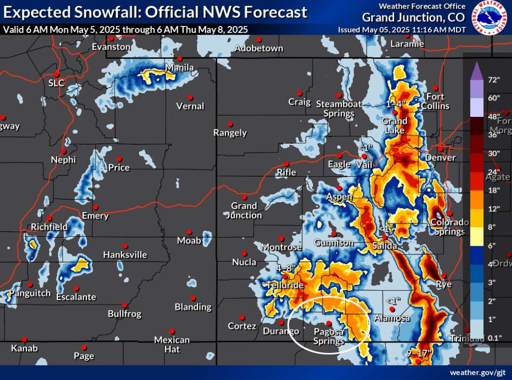 My forecast stunk!… 5 The “official” NWS snow forecast valid 6am Monday to 6am Thursday shows less than an inch in the Pagosa area, 6-10”near Wolf Creek Pass, and 12-18” in our mountains above 11,000ft.