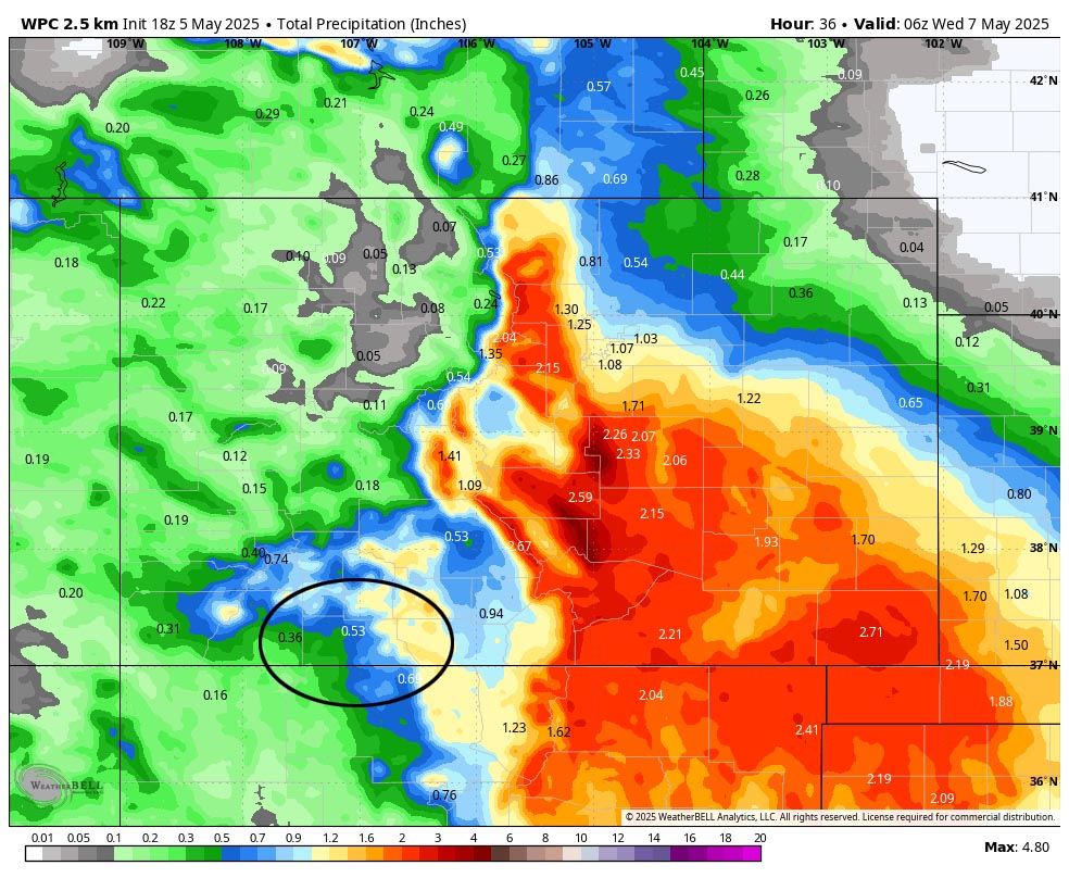 My forecast stunk!… 4 WPC precip for this period shows 0.53” near Pagosa and up to 1” near Wolf Creek Pass. Note the high precip amounts along the Front Range, I-25 corridor, southeast CO, and northeast NM.