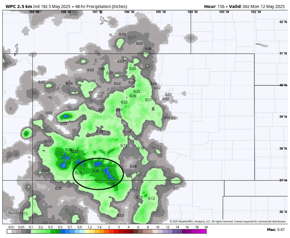 My forecast stunk!… 6 WPC precip for the weekend shows 0.36” near Pagosa and 0.40” to 0.60” in our mountains.