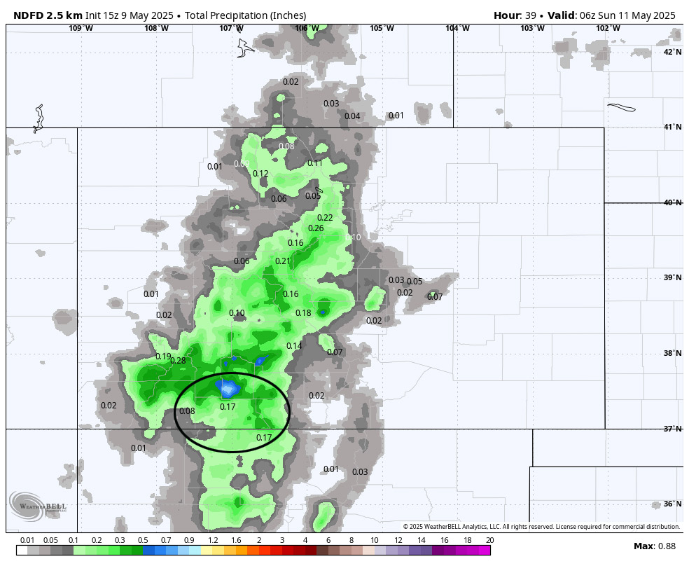 Do your rain dances today and tomorrow… 4 NWS NDFD precip through Sunday evening shows 0.17” near Pagosa, around 0.30” near Wolf Creek Pass, and up to 0.80” along The Divide. This is spotty, convective precip so amounts will vary considerably.