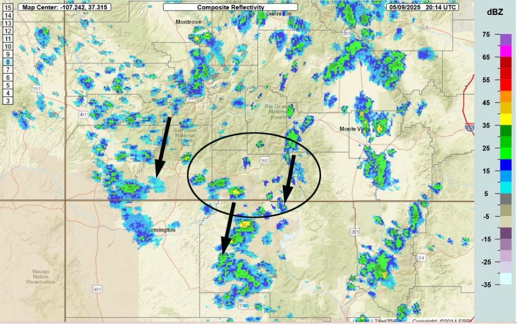 Do your rain dances today and tomorrow… 3 Radar at 2:14pm Friday – Scattered showers and a couple of weak thunderstorms are moving towards the south-southwest.