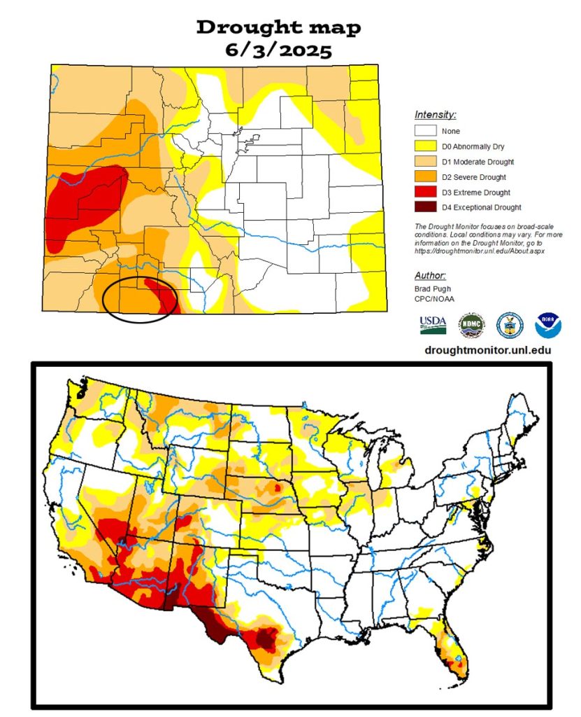 Pagosa Weather MAY SUMMARY & June Outlook 5 Archuleta County has “severe drought” conditions and our San Juan Mountains have “extreme drought” conditions.
The US drought map on the bottom shows that much of the western US is experiencing drought conditions.