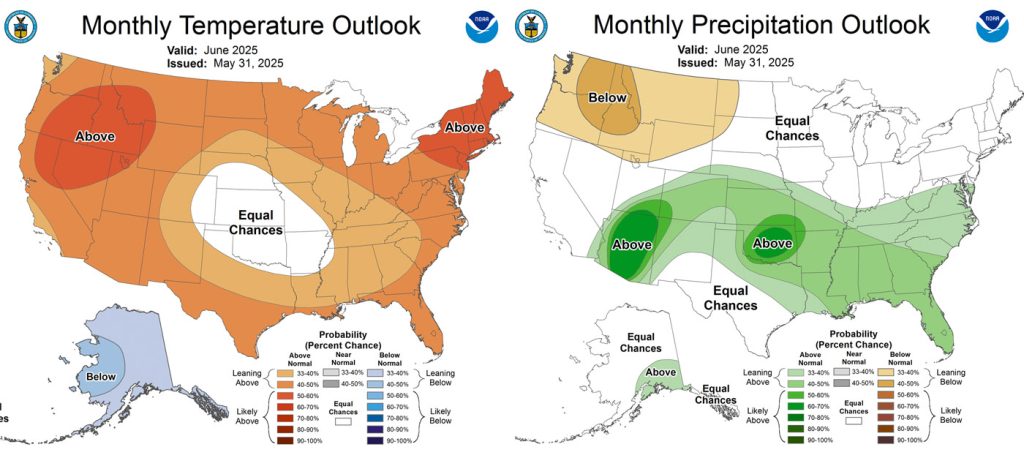 Pagosa Weather MAY SUMMARY & June Outlook 7 The CPC temp outlook for Jun on the left is leaning towards above average temps.
The precip outlook on the right is leaning towards above average precip.