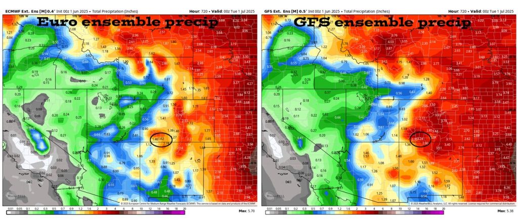 Pagosa Weather MAY SUMMARY & June Outlook 8 Euro ensemble precip on the left expects 1.62″ of precip for Jun and the GFS ensemble precip on the right expects 3.24″ – That's a big difference. Both models expect more than the average of 0.93″.