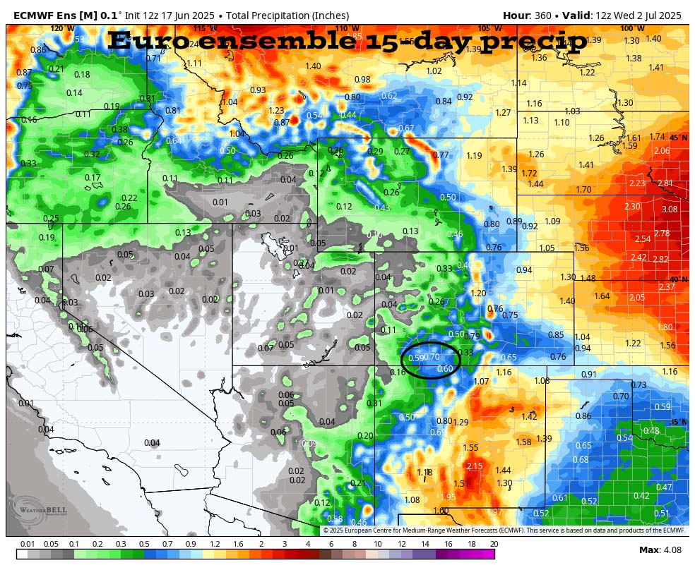 The Euro ensemble precip to 2 Jul at 6am shows 0.70” in the Pagosa area. This is all spotty convective precip so amounts will vary considerably.