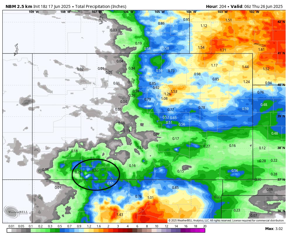 NBM precip to late next Wednesday evening shows 0.36” in the Pagosa area. Note the higher precip amounts to our south and southeast. We’re just going to catch the western edge of this surge of monsoon moisture.