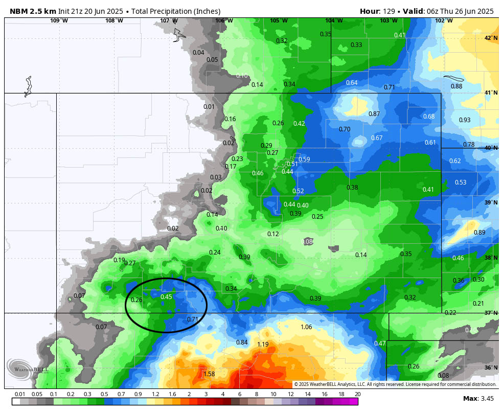 Fire danger will remain high through the weekend… 3 NBM precip to late next Wednesday evening shows 0.45” in the Pagosa area. Precip amounts will vary considerably between just a few raindrops to around 0.50”. Note the higher precip amounts to our south and southeast. We’re just going to catch the northwest edge of this surge of monsoon moisture.