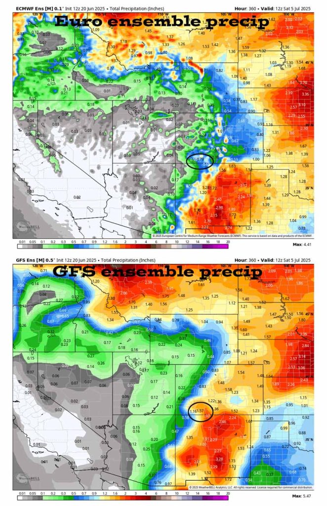 Fire danger will remain high through the weekend… 4 On the top, Euro ensemble precip to 5 Jul at 6am shows 0.79” in the Pagosa area. On the bottom, GFS ensemble precip shows 1.57”. This is all spotty convective precip so amounts will vary considerably.