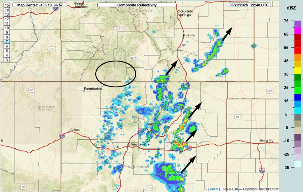 Fire danger will remain high through the weekend… 2 Radar around 4pm Friday – You have to look really hard to few weak showers in the southeast corner of Archuleta County and the Chama area. Showers and thunderstorms are moving towards the northeast.