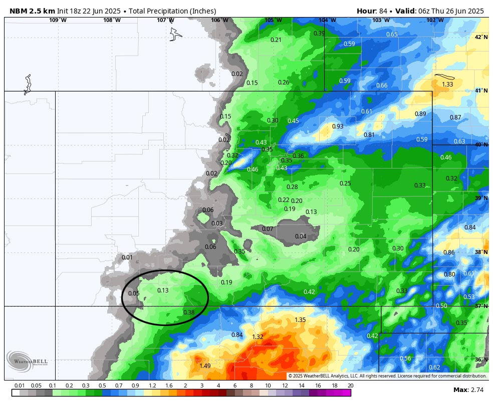 Rain chances and rain amounts decreasing - ugh… 2 NBM precip to late next Wednesday evening shows 0.13” in the Pagosa area. Precip amounts will vary considerably between just a few raindrops to around 0.25”. Precip amounts are trending down for us – boooo hissss.
