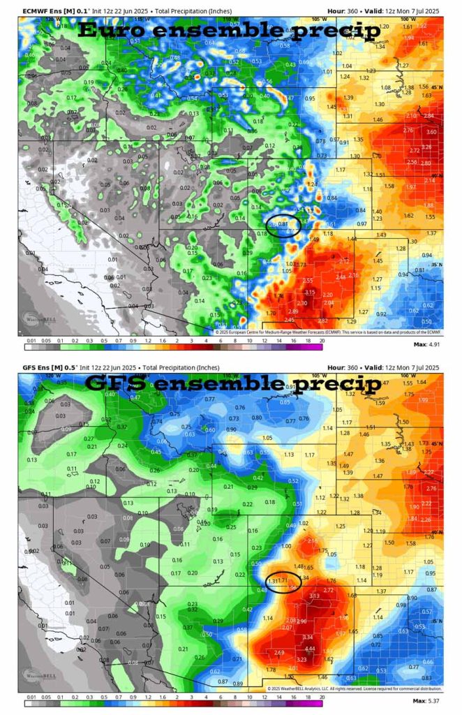 Rain chances and rain amounts decreasing - ugh… 3 On the top, Euro ensemble precip to 7 Jul at 6am shows 0.81” in the Pagosa area. On the bottom, GFS ensemble precip shows 1.71”. That’s a big difference. Go GFS! This is all spotty convective precip so amounts will vary considerably.