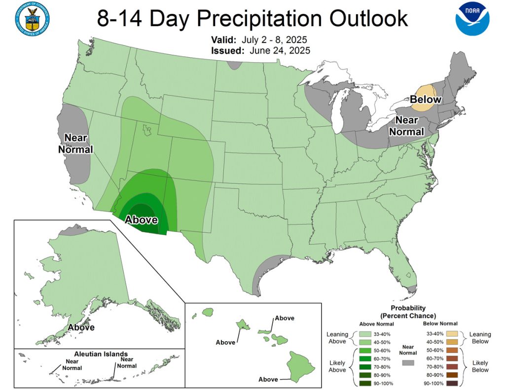 Spotty showers and thunderstorms through Wednesday afternoon – Dry through the weekend… 5 The CPC 8-14 day precip outlook shows a 40-50% chance for above average precip.