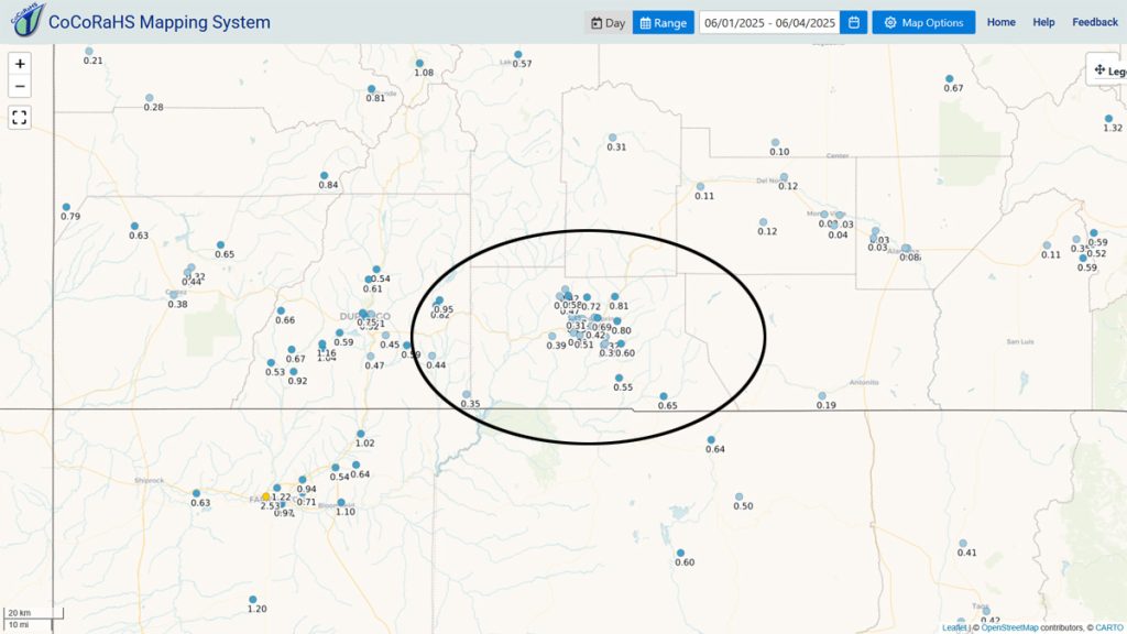 Another active afternoon tomorrow – Weaker chance for showers Friday through Sunday … 1 CoCoRaHS 4-day precip reports across Archuleta County range from 0.26” to 0.81”. The eastern part of the county has done best. Note the 2.53” rain lottery winner in Farmington!