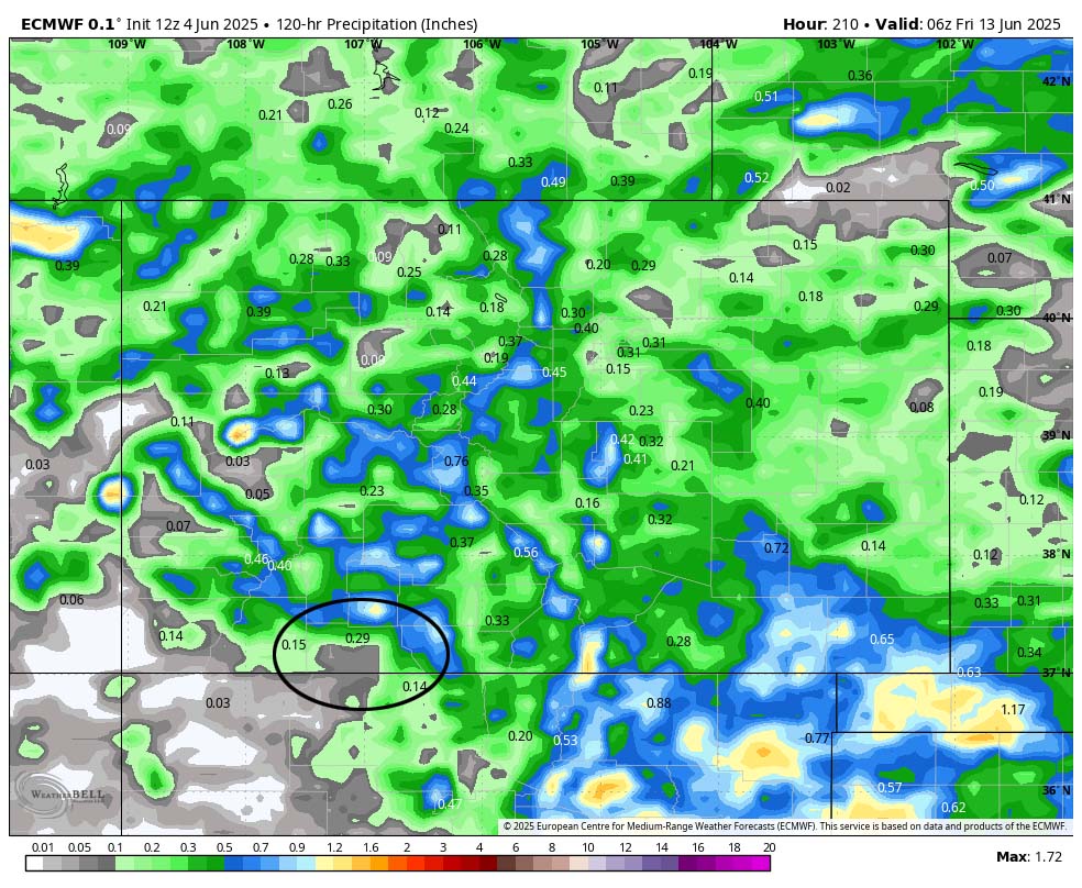 Another active afternoon tomorrow – Weaker chance for showers Friday through Sunday … 5 Euro precip for this period shows 0.29” in the Pagosa area. This is all convective showery precip so amounts will vary considerably.