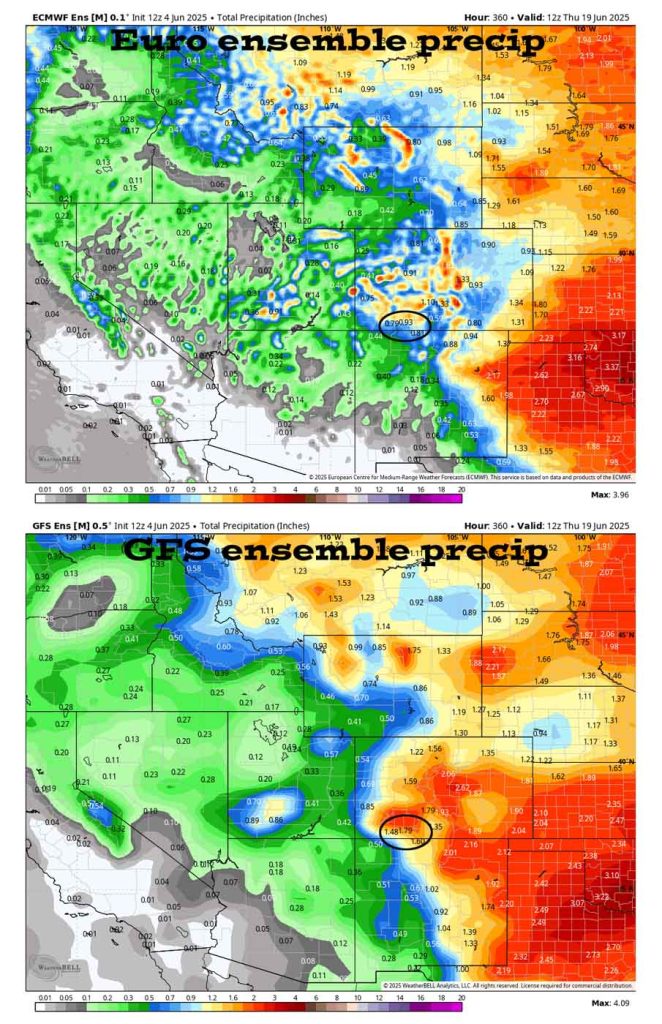 Another active afternoon tomorrow – Weaker chance for showers Friday through Sunday … 6 The Euro ensemble precip to 19 Jun at 6am on the top shows 0.93” for Pagosa and the GFS ensemble on the bottom shows 1.79”. That’s a big difference. Let’s hope the GFS is right!