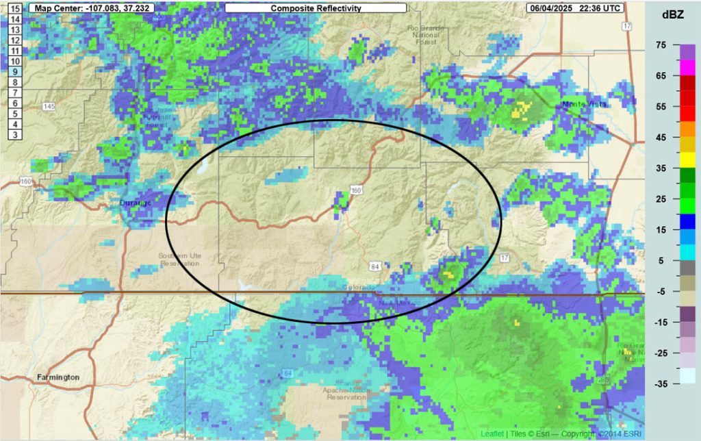 Another active afternoon tomorrow – Weaker chance for showers Friday through Sunday … 3 Radar at 4:36pm Wednesday – It’s pretty quiet over most of the county. A weak shower moved through town, and another is moving through the southeast corner of the county. Showers are moving towards the northeast.