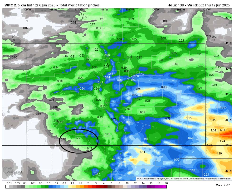 WPC precip to late Wednesday evening shows 0.25” in the Pagosa area and up to 0.75” in our mountains. This is all convective showery precip so amounts will vary considerably.