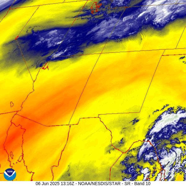 Water vapor satellite loop Friday morning – The band of moisture has moved to our north. Drier, more stable air has moved into our area.