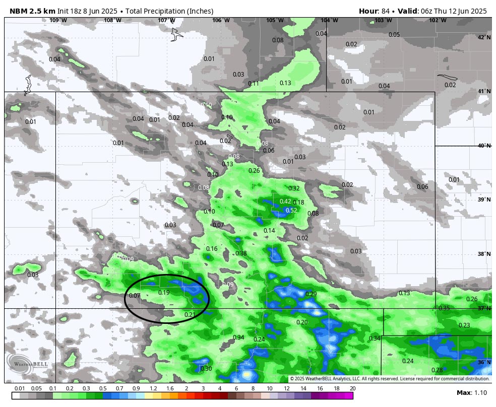 NBM precip to late Wednesday evening shows 0.19” in the Pagosa area and up to 0.75” in our mountains. This is all convective showery precip so amounts will vary considerably.