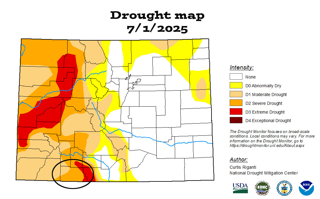 As of 1 Jul, most of Archuleta County has “severe” drought conditions