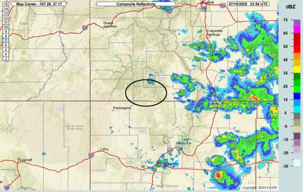 Radar at 5:54pm Thursday – There are a couple of weak showers over Mineral County, but most of the activity is across eastern CO and eastern NM.