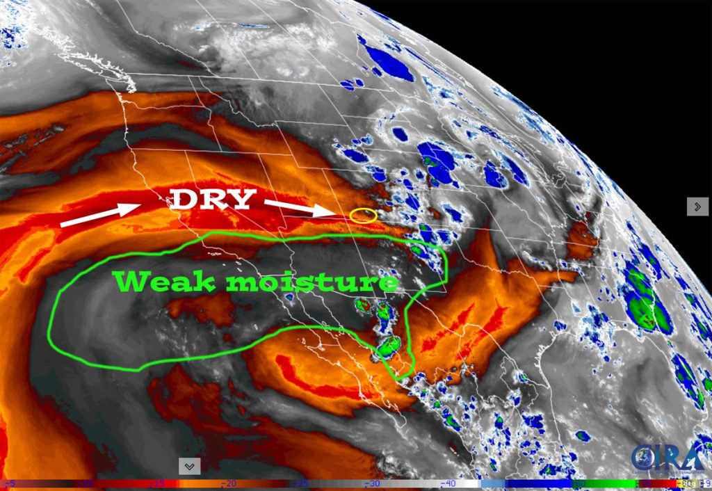 Water vapor satellite Thursday evening – We have dry flow out of the west through Friday and then the weak moisture plume will move back into our area over the weekend.