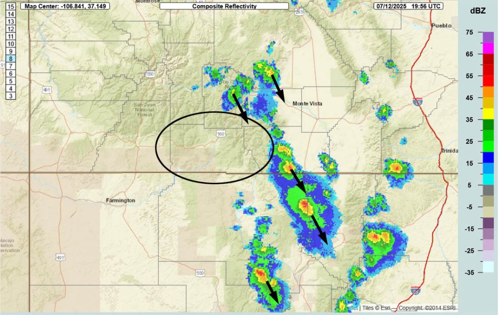 Radar at 1:56pm Saturday – Showers and thunderstorms have popped along the other side of The Divide and are moving slowly towards the south-southeast. “Slow movers” are capable of dropping a bunch of rain over small areas.