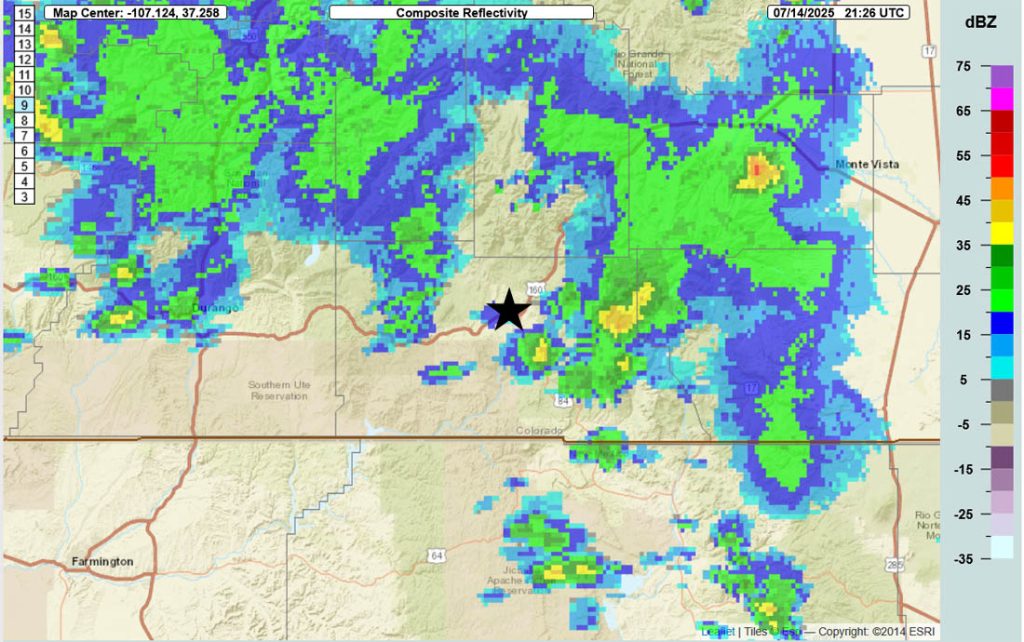 Hit and miss afternoon showers and thunderstorms… 6 Radar at 3:26pm Monday – It’s getting active over the eastern part of Archuleta County. Storms are moving slowly towards the south.