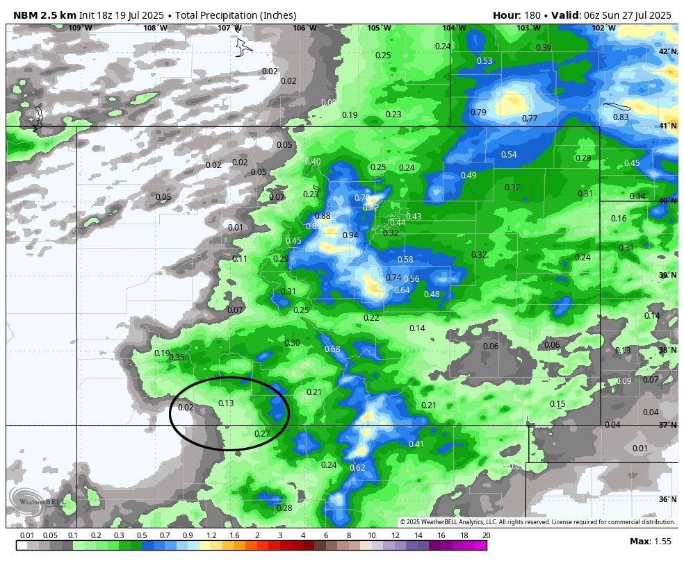 This pattern will persist… 6 NBM precip to next Saturday evening shows 0.13” in the Pagosa area and up to 0.70” in our mountains. Precip amounts will vary considerably.
