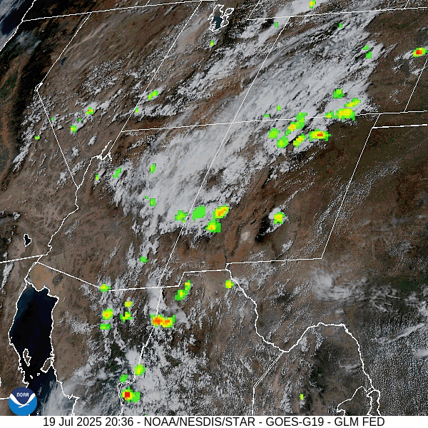 This pattern will persist… 4 Visual satellite and lightning loop roughly 2:30pm to 3:30pm Saturday – There is a weak monsoon moisture plume with moderate instability over our area today. There was quite a bit of lightning between 1:30pm and 3pm.