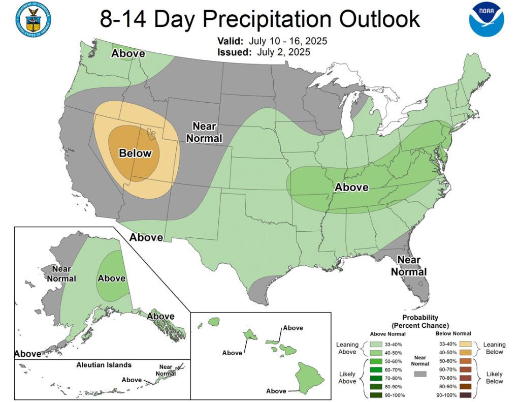 The CPC 8-14 day precip outlook shows “near normal” precip for us. Unfortunately, I disagree. I expect below average precip for this period.