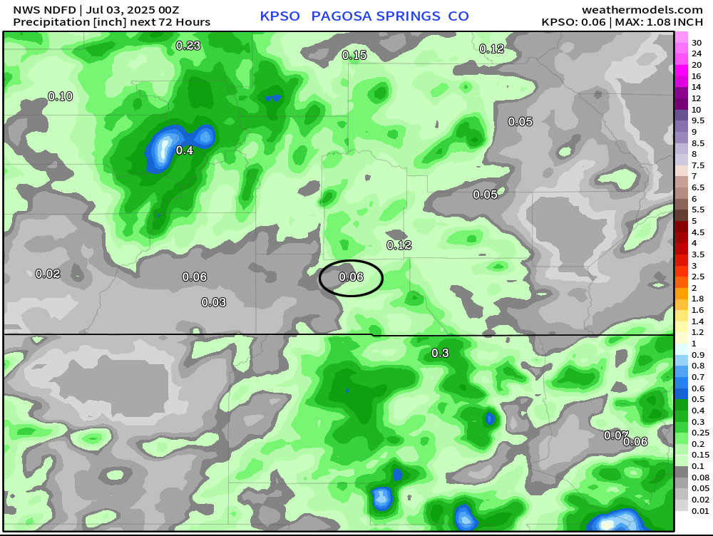 NWS NDFD precip to late Thursday evening shows 0.06” for Pagosa Springs.