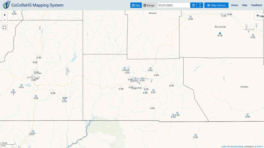 Fairly active, a lull, and then fairly active… 2 CoCoRaHS 24-hour precip reports from Monday morning range from zero to 0.03”.