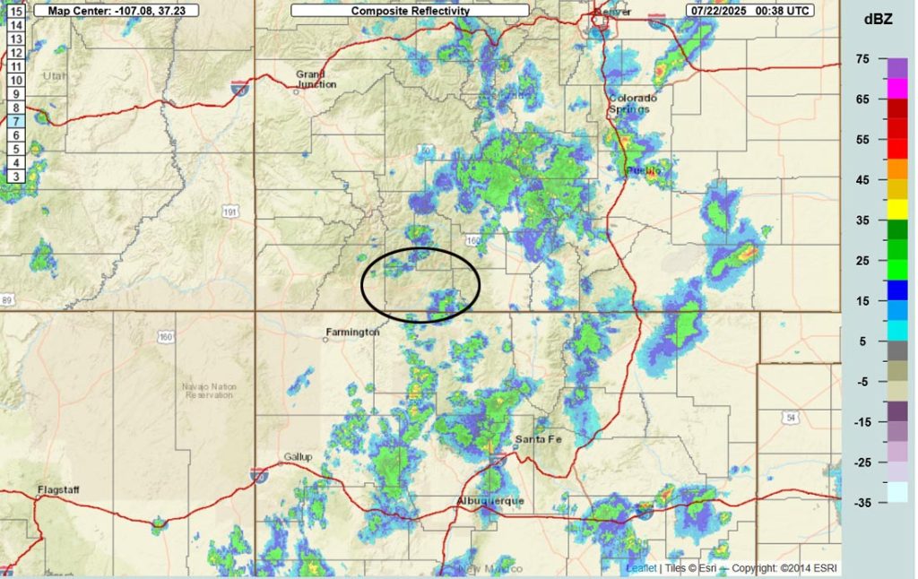 Fairly active, a lull, and then fairly active… 5 Radar at 6:38pm Monday – There is a shower over the northwest and southeast corners of the county. Showers and thunderstorms are moving towards the northeast. Radar lines up well with the satellite loop above showing that we are on the edge of the unstable air.