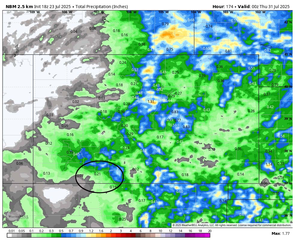 NBM precip to next Wednesday evening shows 0.21” in the Pagosa area and up to 0.90” in our mountains. Precip amounts will vary considerably.