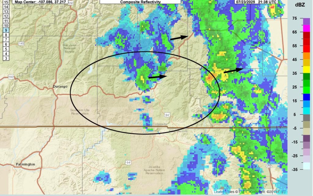Radar at 3:38pm Wednesday – A band of showers and thunderstorms is moving west to east across the central part of the county.