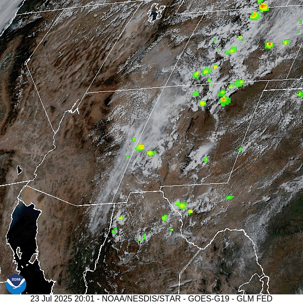 Visual satellite and lightning loop roughly 2:20pm to 3:20pm Wednesday – The monsoon plume is funneling over our heads. There has been quite a bit of lightning in the area this afternoon. The moisture plume will start moving to our east by late Thursday.
