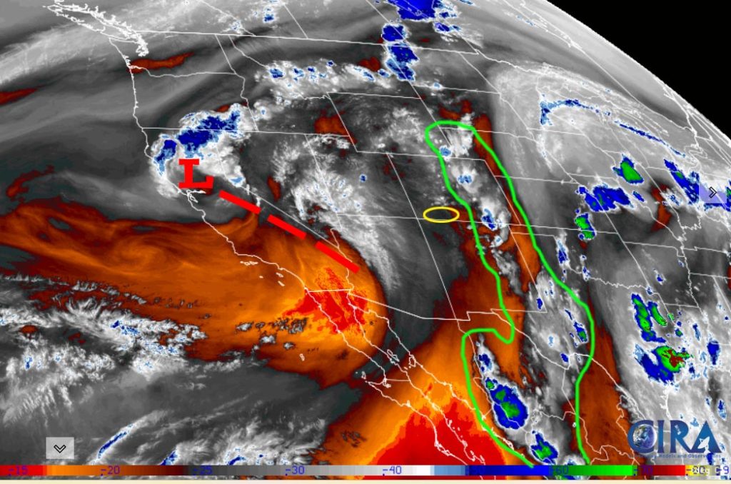 Lots of sun, warm, and mostly dry through Monday… 3 Water vapor satellite Friday evening – The trough over southern CA, red dashed lines, has pushed the monsoon moisture plume to our east, green line. Dry, stable flow out of the southwest will stick with us through the weekend.