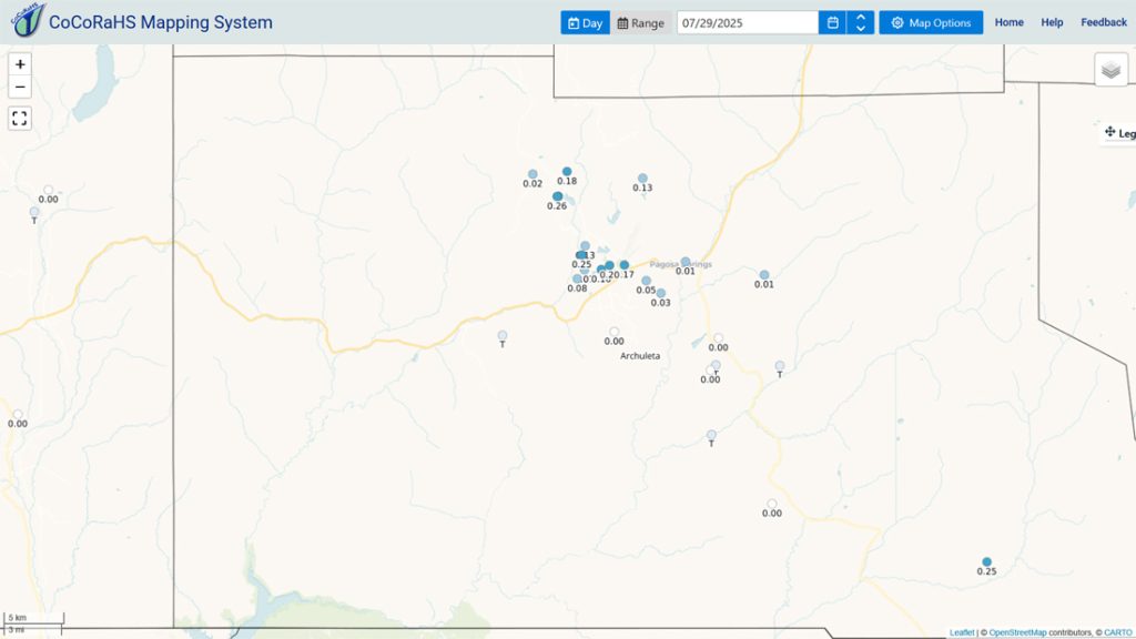 CoCoRaHS 24-hour precip reports from Tuesday morning ranged from zero to 0.26”.
