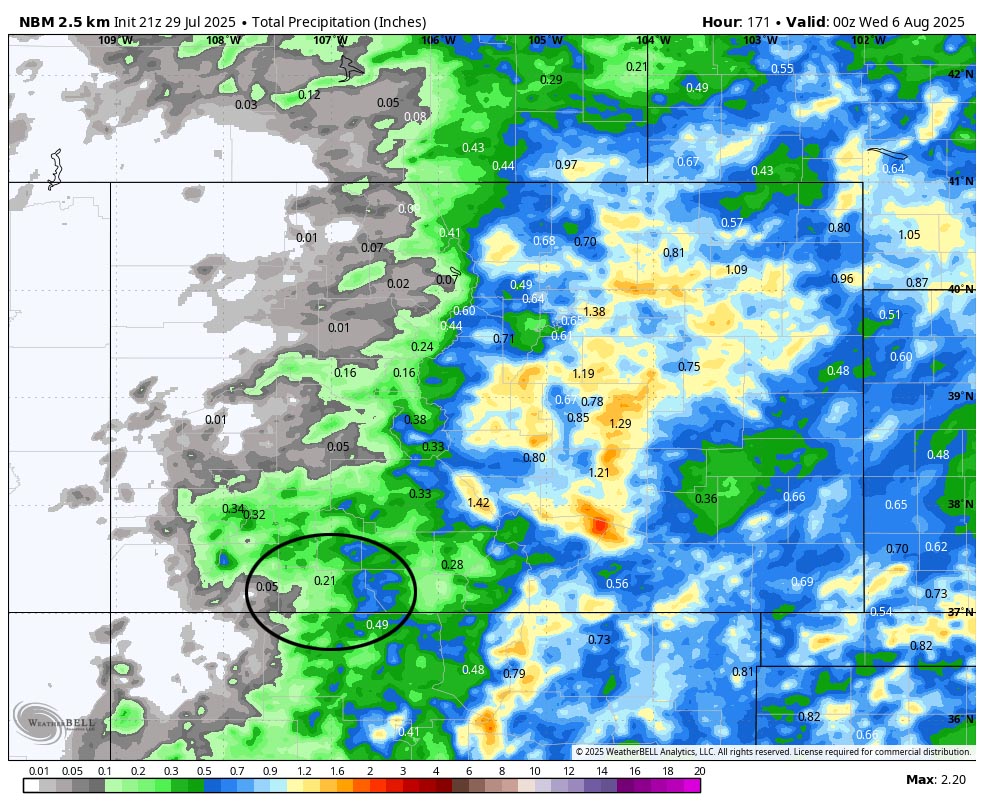 NBM precip to next Tuesday evening shows 0.21” in the Pagosa area and up to 0.75” in our mountains. Precip amounts will vary considerably.