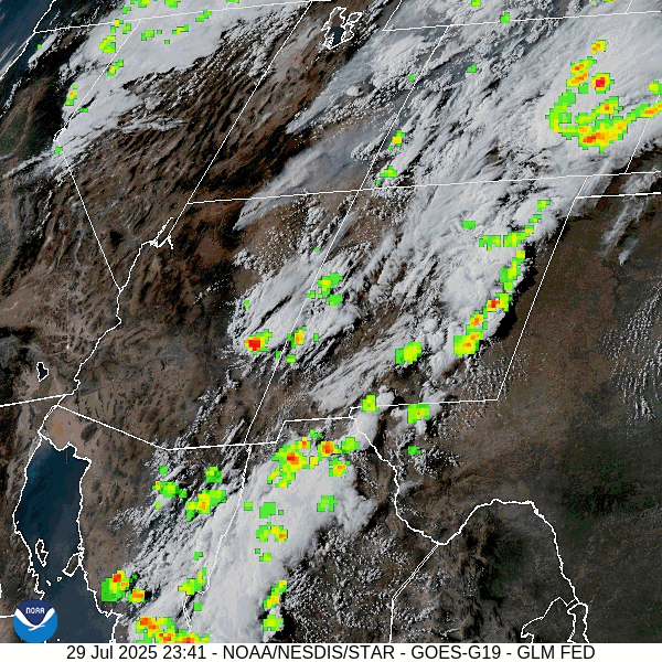Visual satellite and lightning roughly 5:40pm to 6:40pm Tuesday – There is some lightning in southwest CO and northwest NM. The smoke plumes are impressive from the Dragon Bravo Fire in northern AZ and the Monroe Canyon Fire in central UT. Thankfully that smoke is missing us!