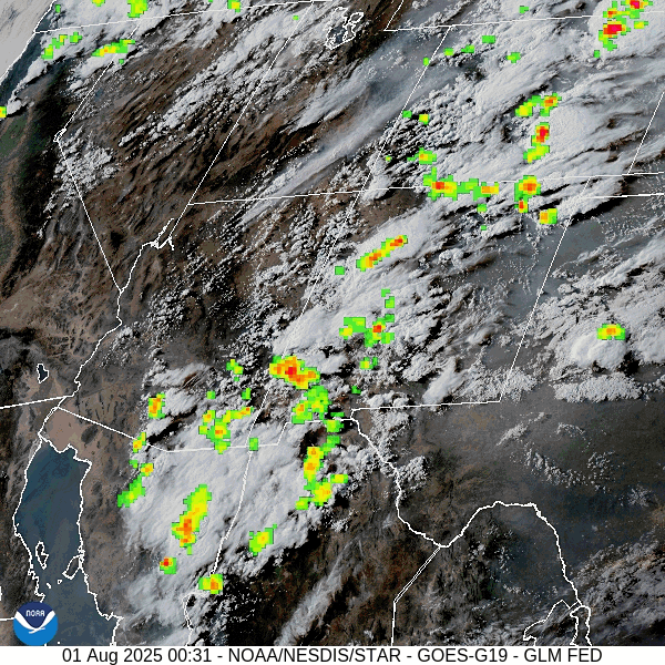 Decreasing chance for showers Friday and Saturday… 3 Visual satellite and lightning roughly 6:40pm to 7:40pm Thursday – There was quite a bit of lightning in the Pagosa Springs and Chama areas this afternoon and evening. It will be less active tomorrow.