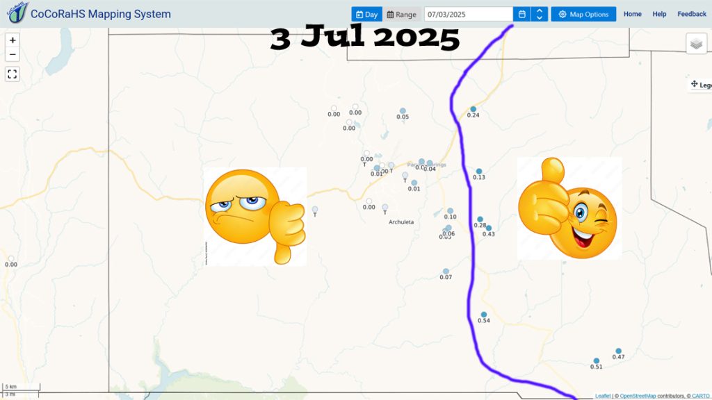 Lots of sun and mostly dry through next week… 1 CoCoRaHS 24-hour rain reports on 3 July ranged from zero to 0.54”. The east side of the county did quite well.