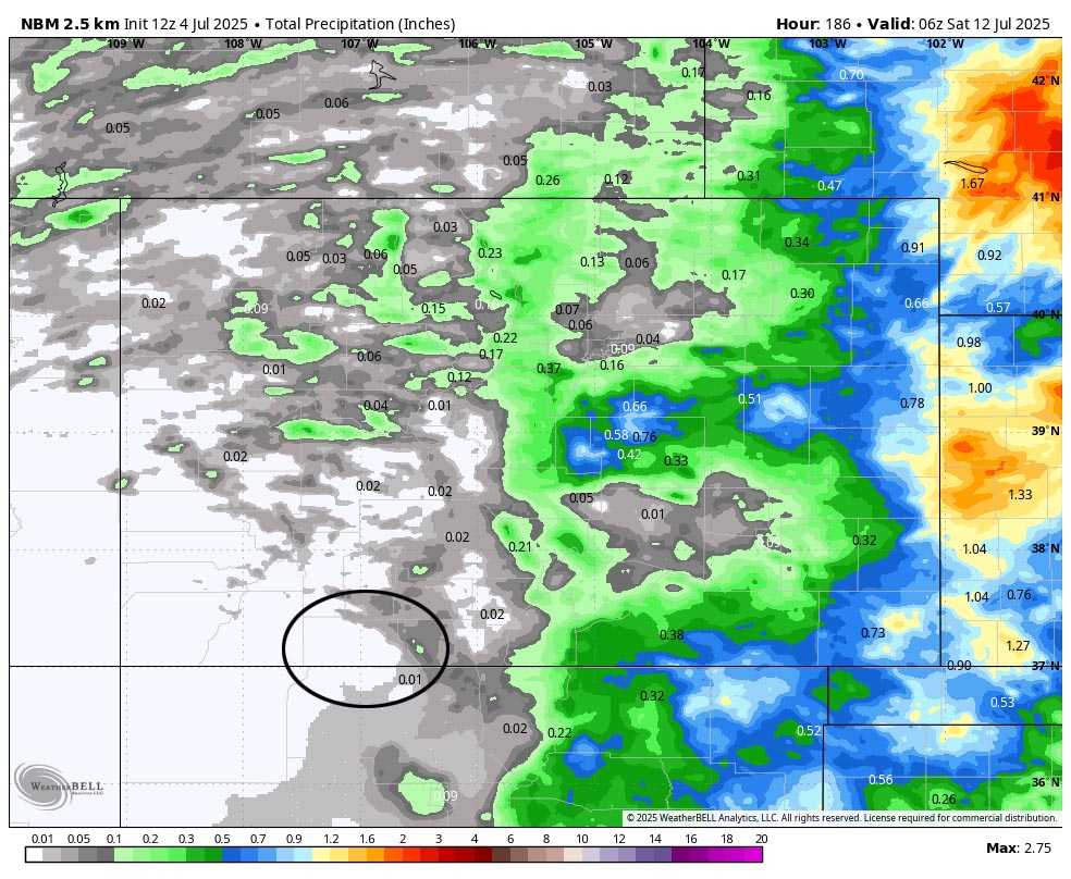 Lots of sun and mostly dry through next week… 4 NBM precip to late next Friday evening shows none for Pagosa and up to 0.10” in our mountains. A mountain shower could move over a lucky neighborhood and drop a few raindrops, but I think most of us will stay dry.