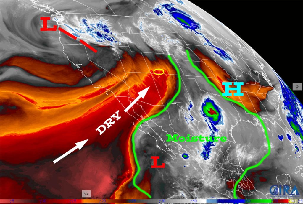 Lots of sun and mostly dry through next week… 3 Water vapor satellite Friday morning – The monsoon moisture plume was pushed to our east southwest flow. Drier, more stable air will stick with us through next week.