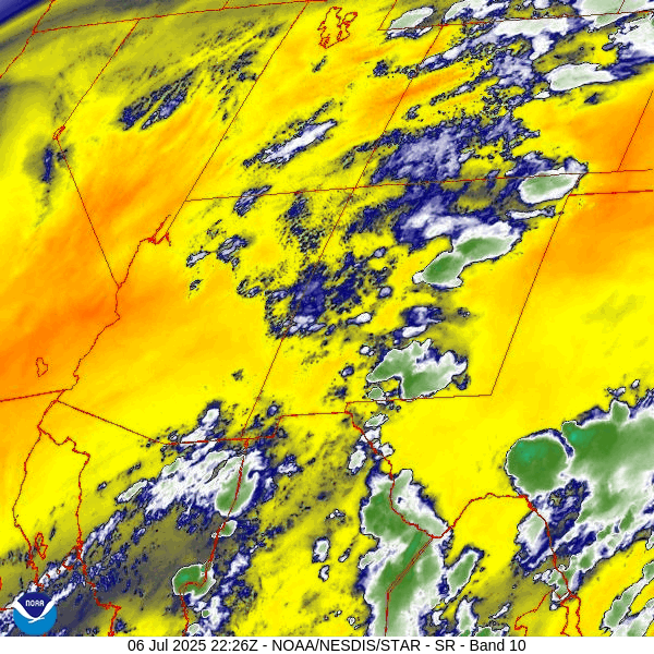 Water vapor satellite loop from roughly 4:20pm to 5:20pm Sunday – A little moisture and instability have moved into the Four Corners region. Our best chance for a spotty shower or thunderstorm is Monday and then we’ll dry out again.